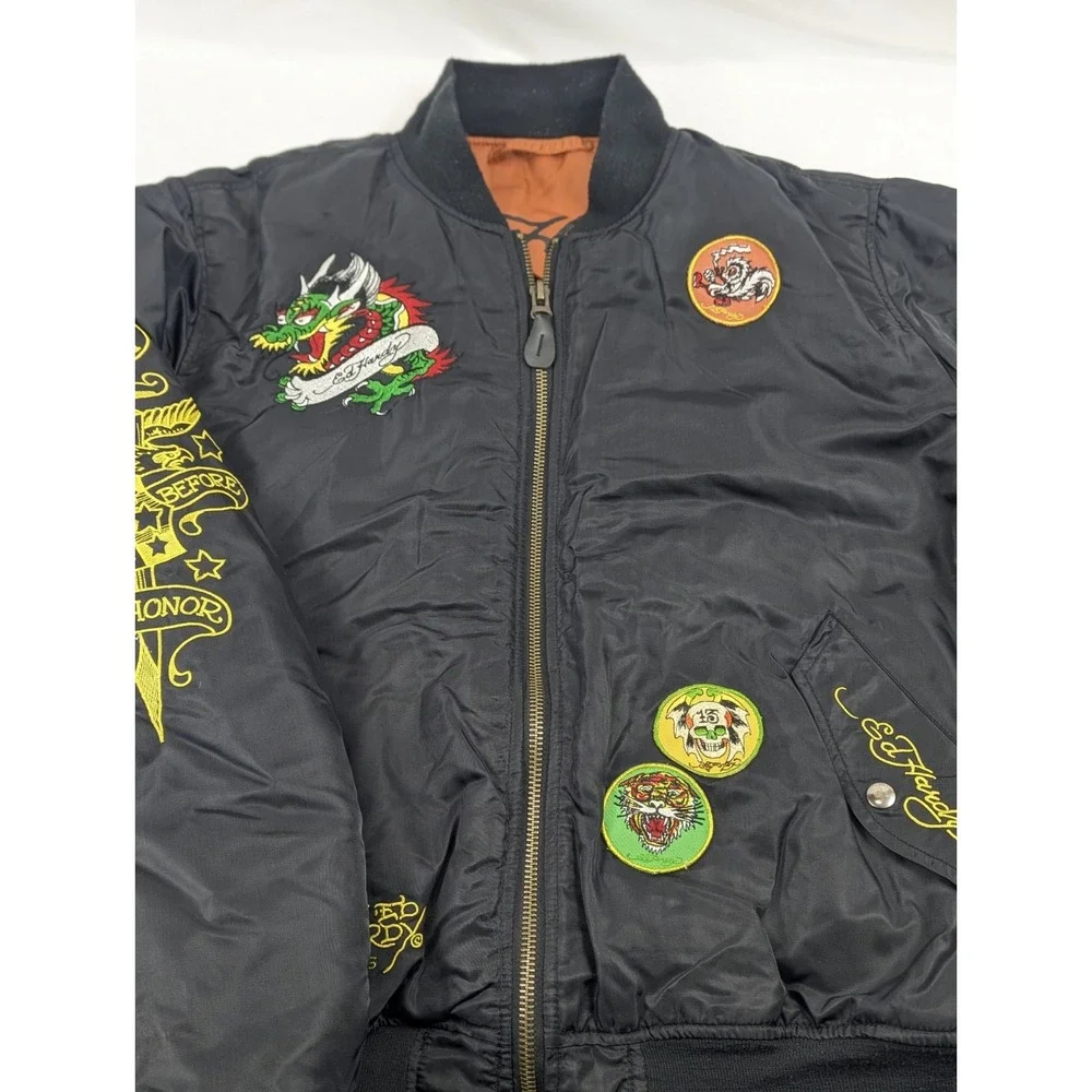 Ed Hardy Bomber Jacket Black Tattoo Patch Dragon Mens‎ Large